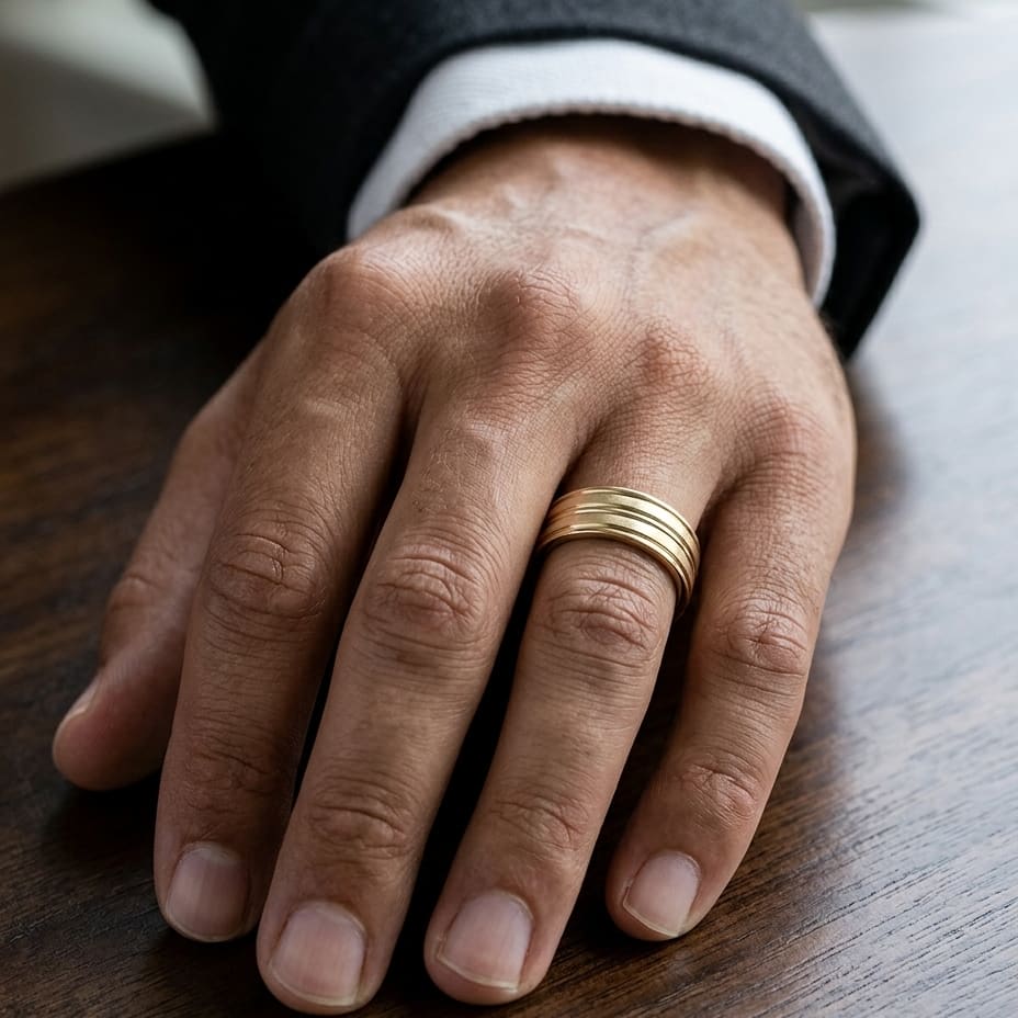8mm Satin Finish High Polished Center Trim Carved Wedding Band in 14K Yellow Gold, worn on hand, masculine close-up