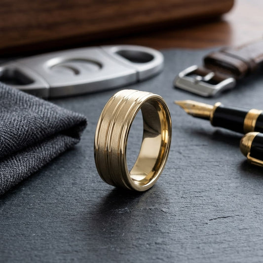 8mm Satin Finish High Polished Center Trim Carved Wedding Band in 14K Yellow Gold, on walnut surface with pocket square
