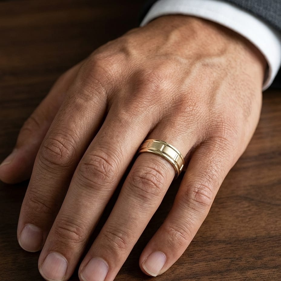 6mm Satin Finish High Polished Center Cut Carved Wedding Band in 14K Yellow Gold, worn on hand, masculine close-up