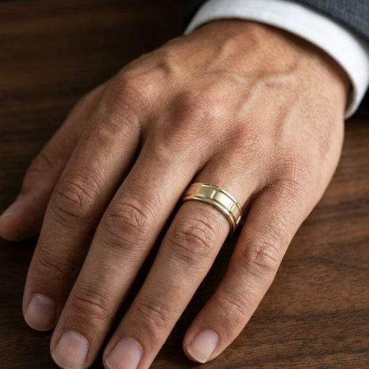 6mm Satin Finish High Polished Center Cut Carved Wedding Band in 14K Yellow Gold, worn on hand, masculine close-up