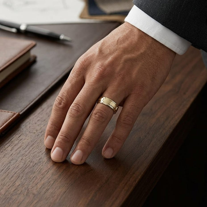 6mm Satin Finish High Polished Center Cut Carved Wedding Band in 14K Yellow Gold, worn on hand, masculine full view