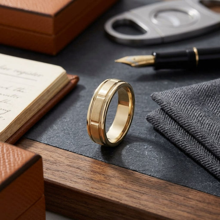 6mm Satin Finish High Polished Center Cut Carved Wedding Band in 14K Yellow Gold, on walnut surface with pocket square