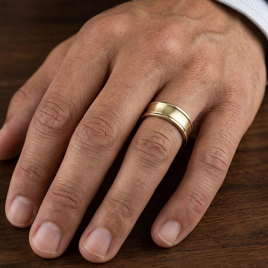 7.5mm Satin Finish High Polished Round Edge Carved Wedding Band in 14K Yellow Gold, worn on hand, masculine close-up
