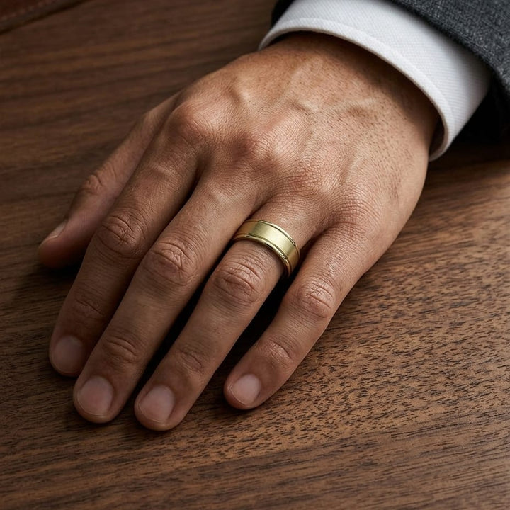7.5mm Satin Finish High Polished Round Edge Carved Wedding Band in 14K Yellow Gold, worn on hand, masculine full view
