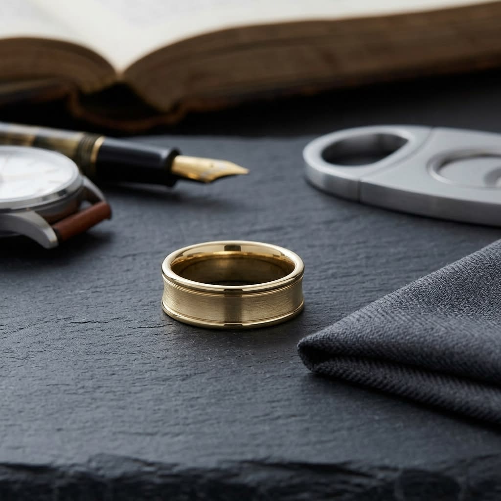 7.5mm Satin Finish High Polished Round Edge Carved Wedding Band in 14K Yellow Gold, on walnut surface with pocket square