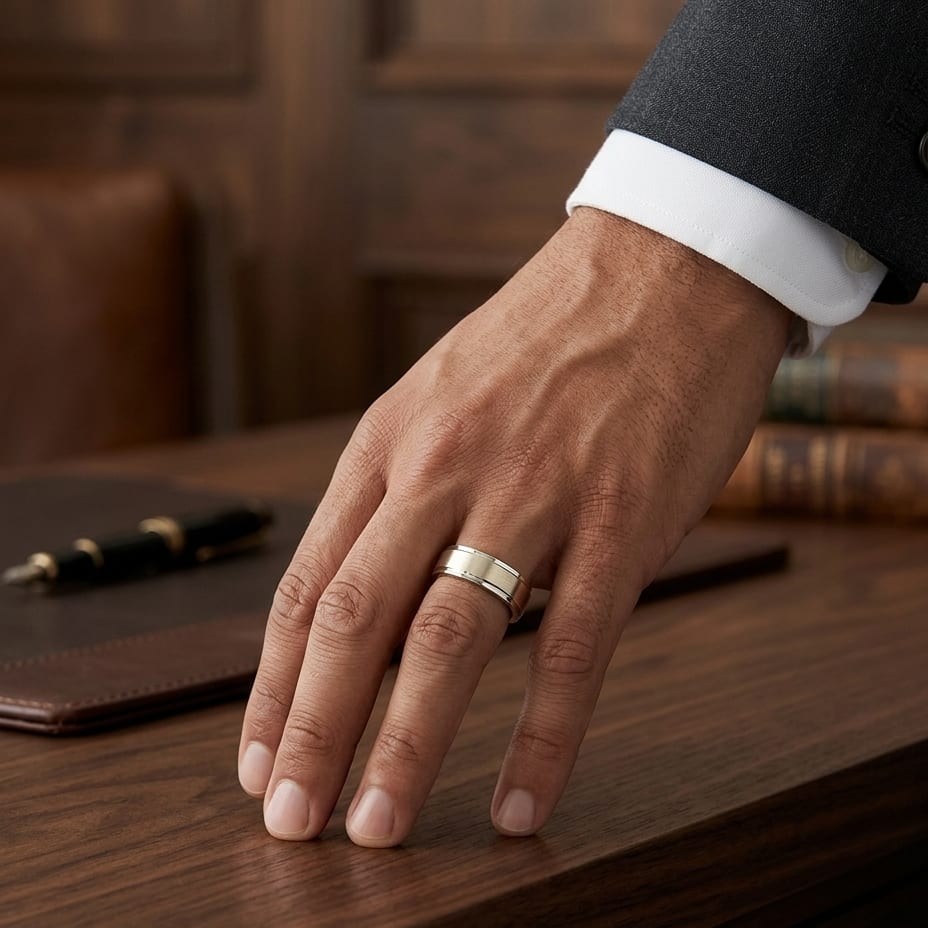 7mm Satin Finish Carved Wedding Band in 14K Yellow Gold, worn on hand, masculine full view