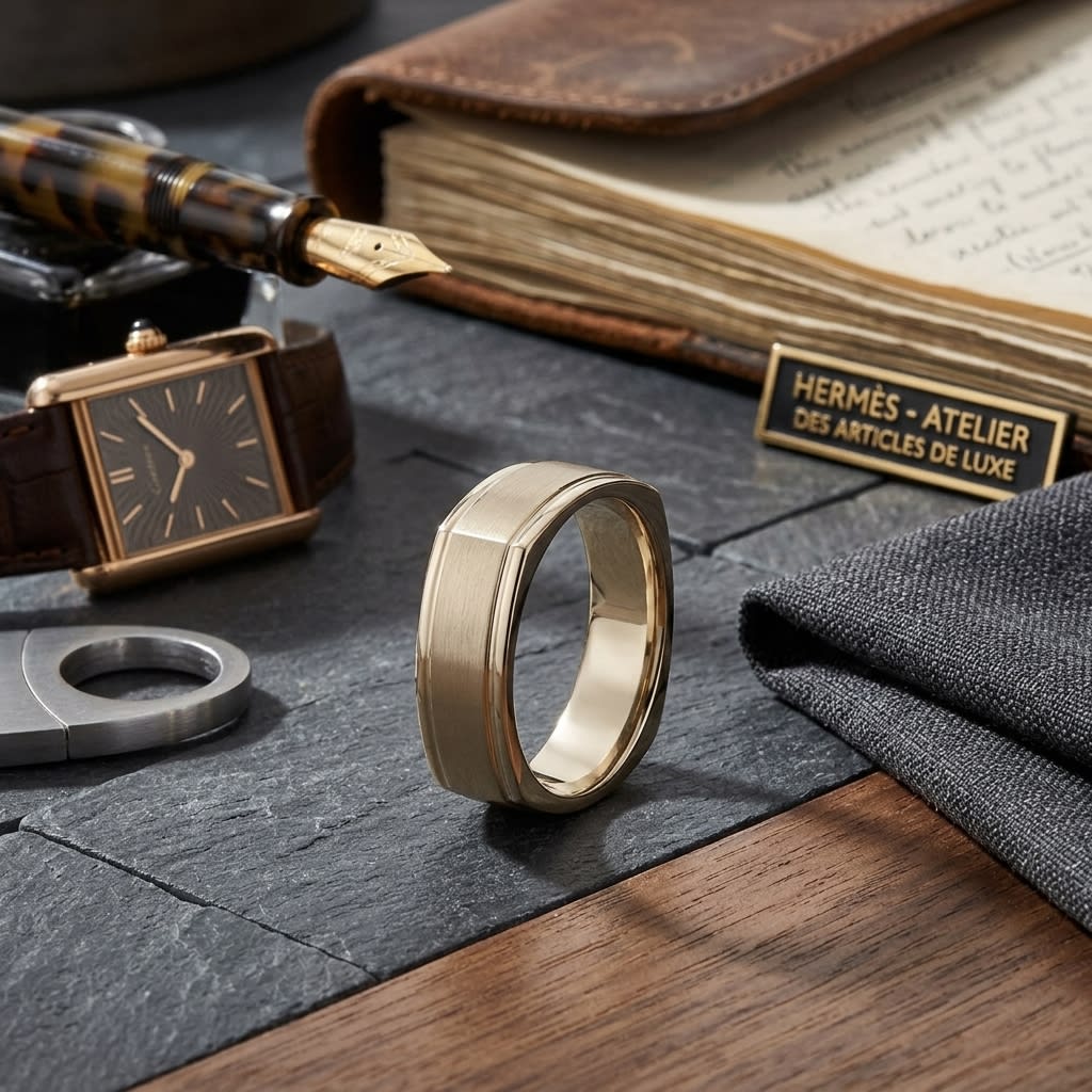 7mm Satin Finish Carved Wedding Band in 14K Yellow Gold, on walnut surface with pocket square