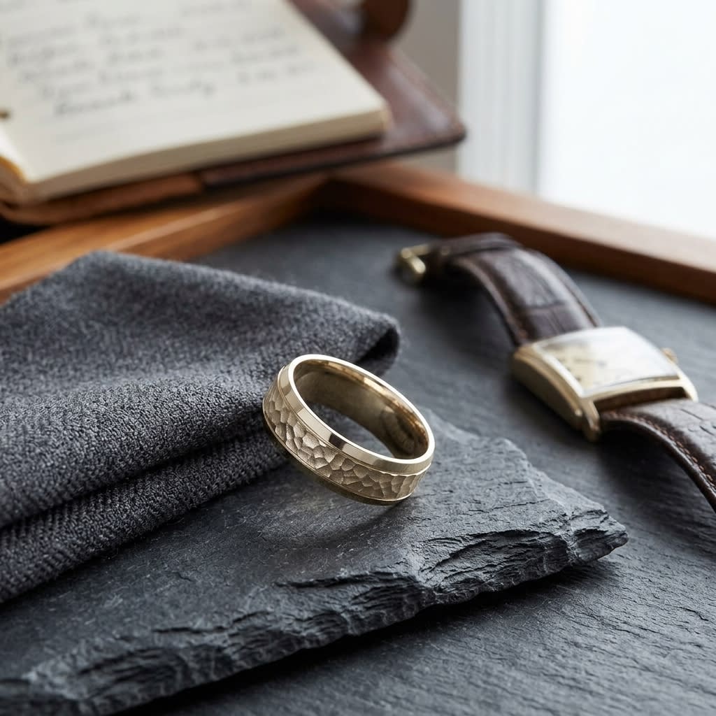 7.5mm Hammered Finish Beveled Edge Carved Wedding Band in 14K Yellow Gold, on walnut surface with pocket square