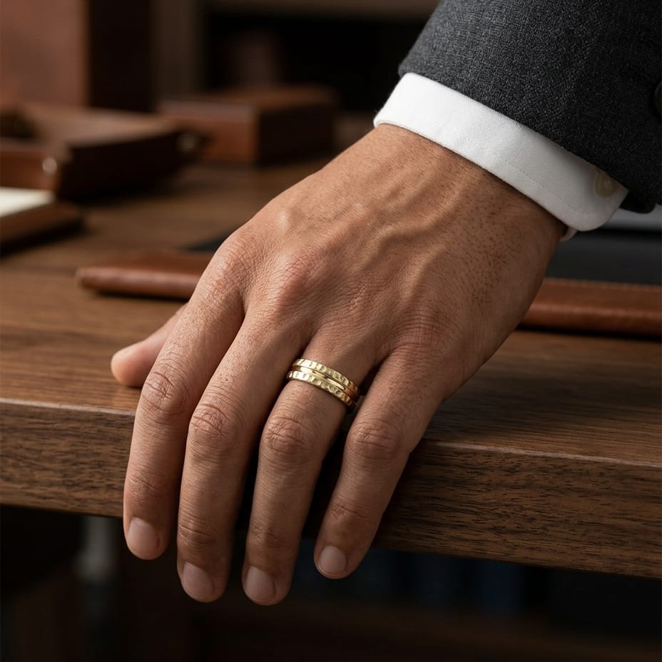 7.5mm Hammered Finish Carved Wedding Band in 14K Yellow Gold, worn on hand, masculine full view