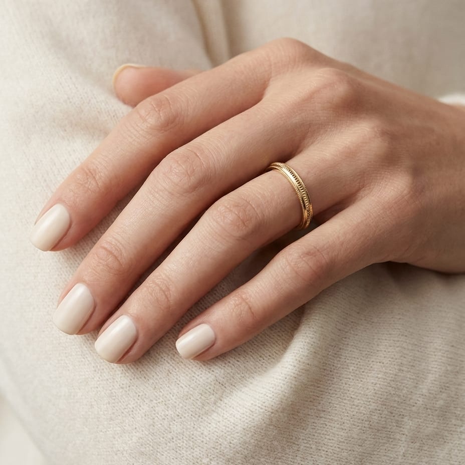 2mm High Polish Milgrain Round Edge Carved Wedding Band in 14K Yellow Gold, worn on hand, close-up