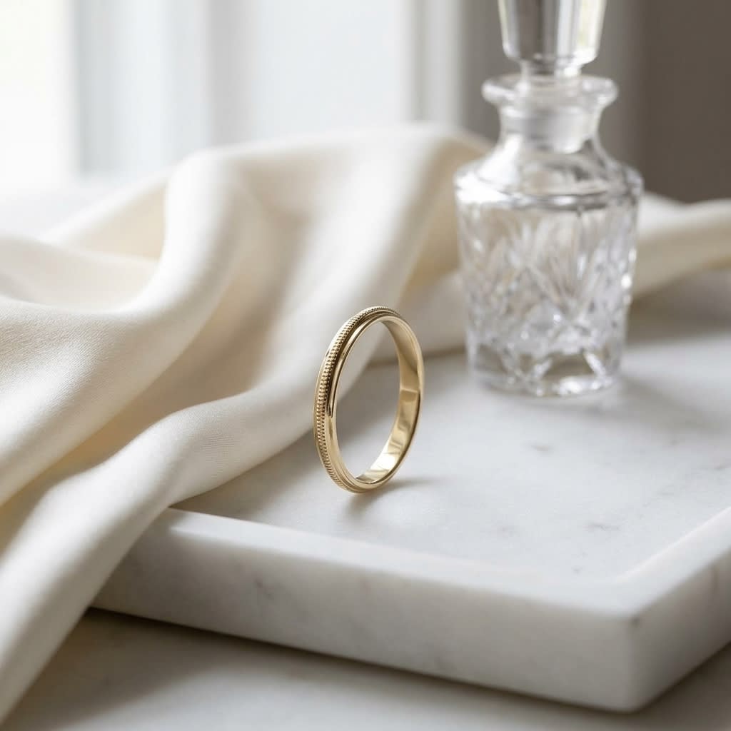 2mm High Polish Milgrain Round Edge Carved Wedding Band in 14K Yellow Gold, on marble vanity tray with silk