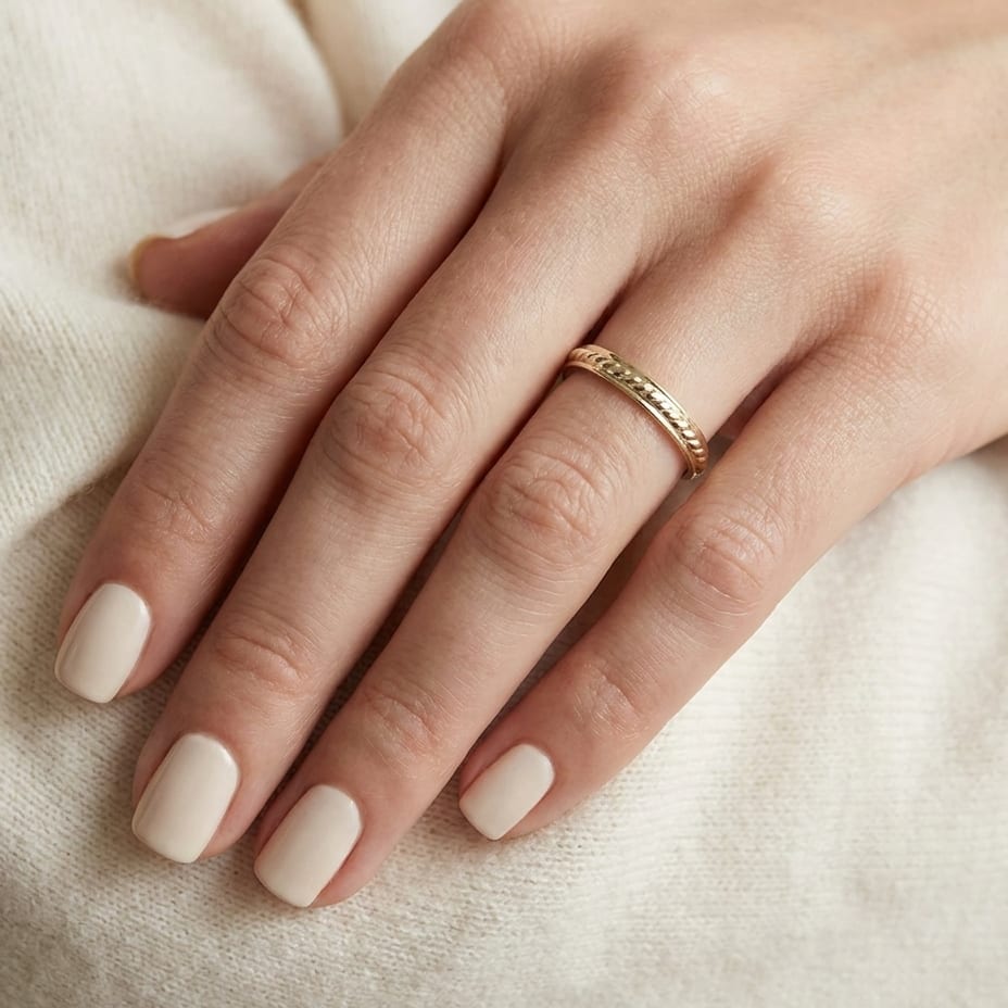 2mm High Polish Carved Wedding Band in 14K Yellow Gold, worn on hand, close-up