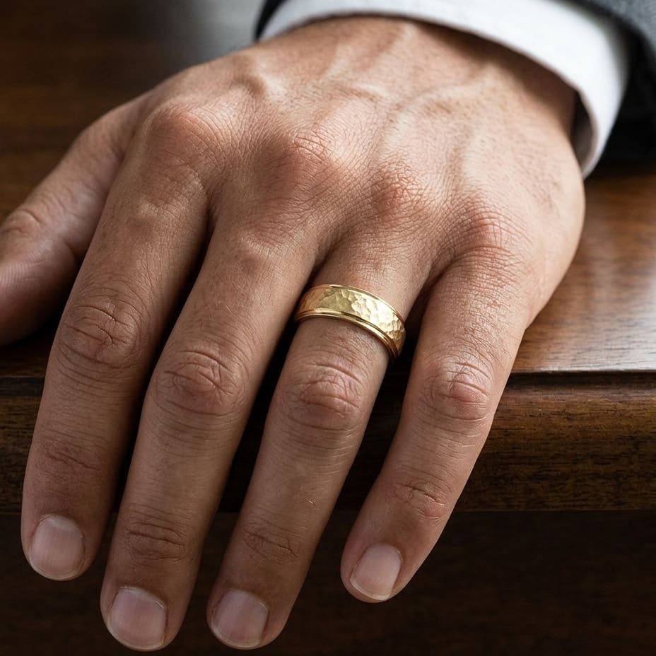 8mm Hammered Finish Carved Wedding Band in 14K Yellow Gold, worn on hand, masculine close-up
