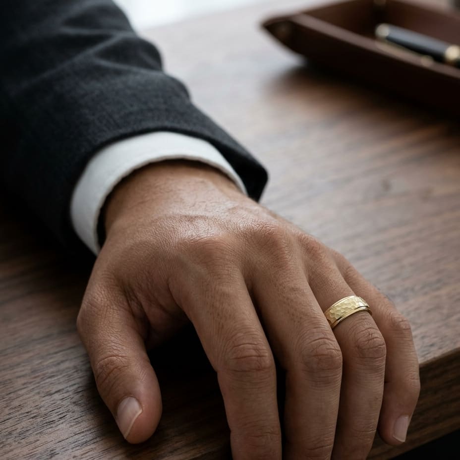 8mm Hammered Finish Carved Wedding Band in 14K Yellow Gold, worn on hand, masculine full view