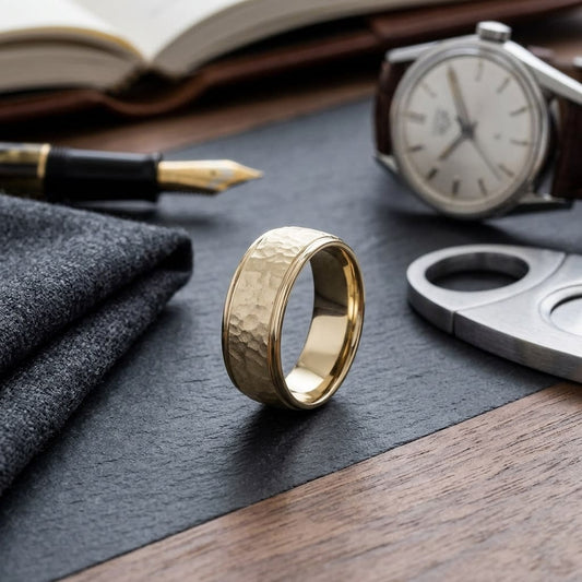 8mm Hammered Finish Carved Wedding Band in 14K Yellow Gold, on walnut surface with pocket square