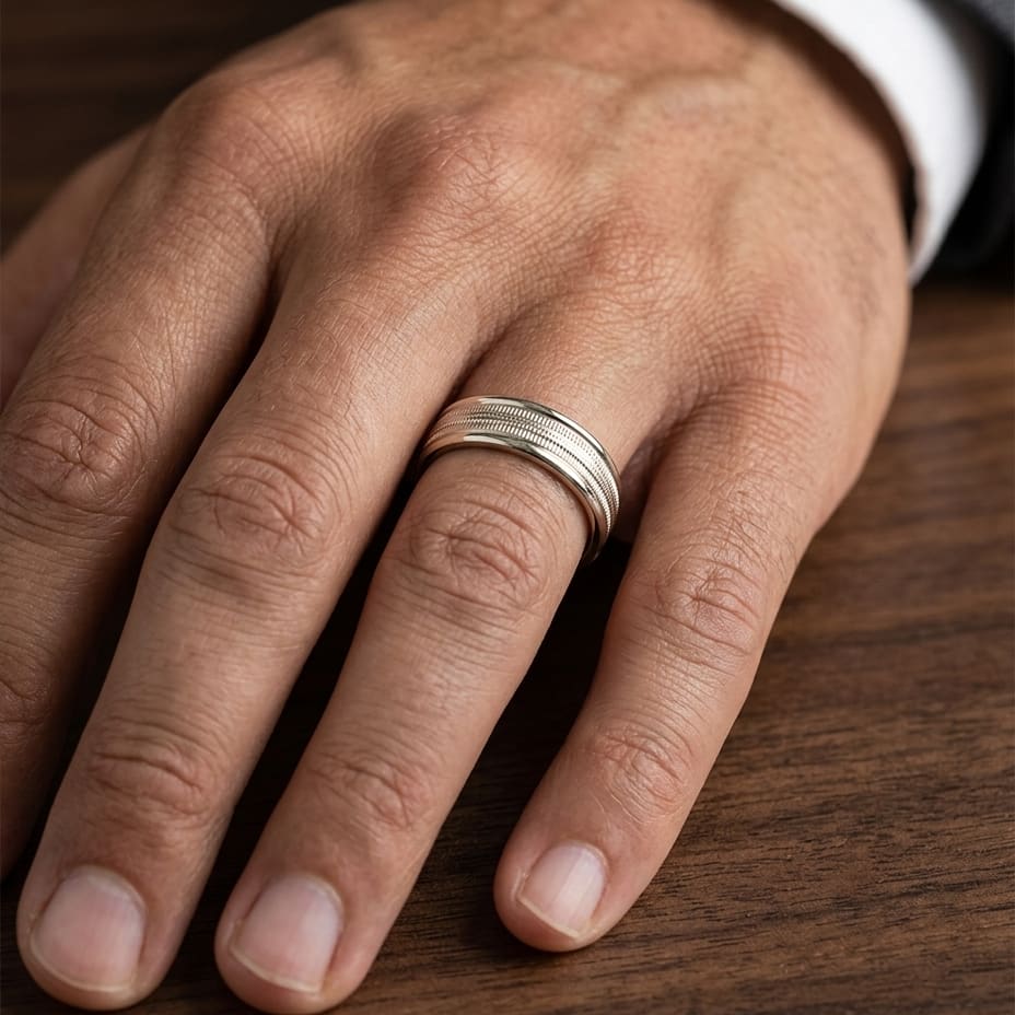 6mm High Polish Milgrain Round Edge Carved Wedding Band in 14K Yellow Gold, worn on hand, masculine close-up