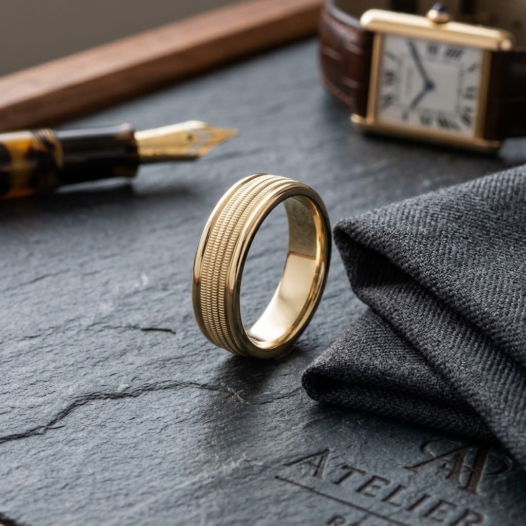 6mm High Polish Milgrain Round Edge Carved Wedding Band in 14K Yellow Gold, on walnut surface with pocket square