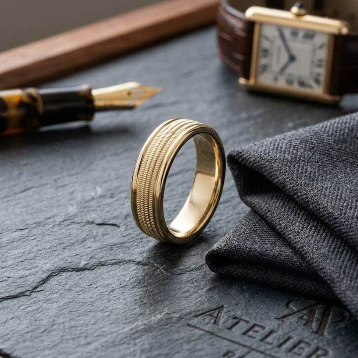 6mm High Polish Milgrain Round Edge Carved Wedding Band in 14K Yellow Gold, on walnut surface with pocket square