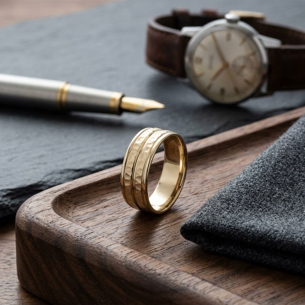 7.5mm High Polish Round Edge Carved Wedding Band in 14K Yellow Gold, on walnut surface with pocket square