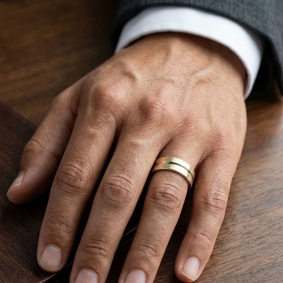 6mm Satin Finish High Polished Center Cut Carved Wedding Band in 14K Yellow Gold, worn on hand, masculine close-up