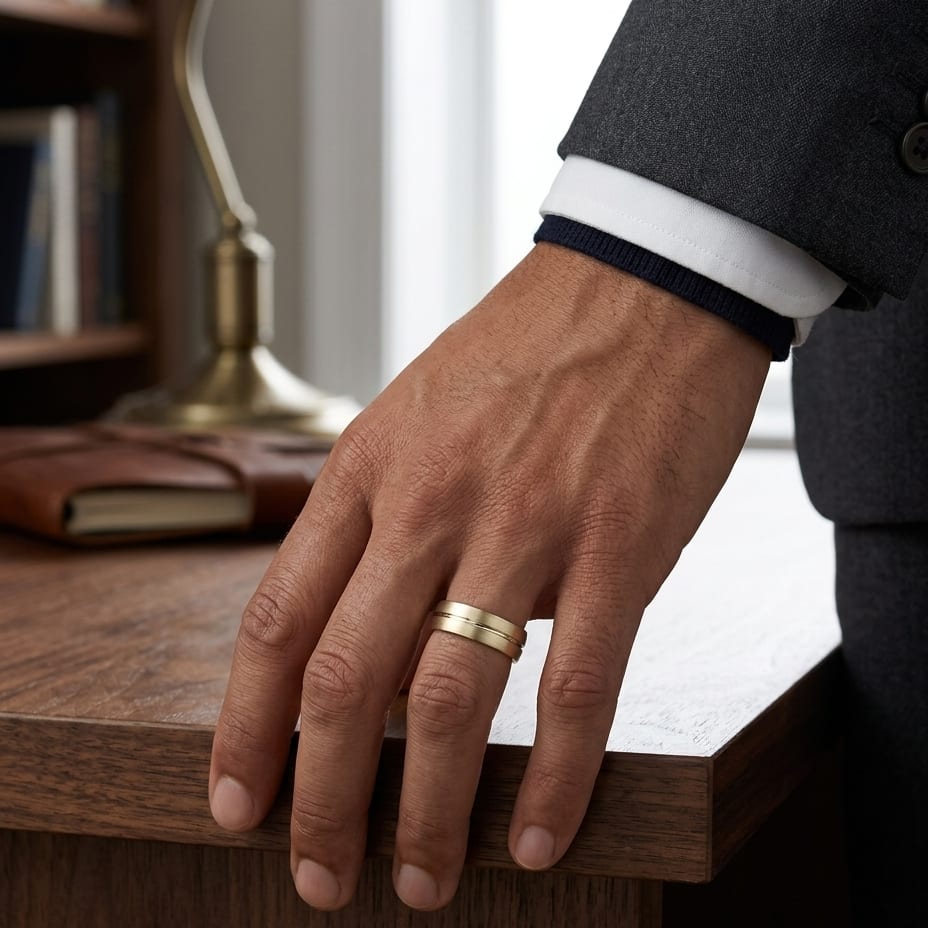 6mm Satin Finish High Polished Center Cut Carved Wedding Band in 14K Yellow Gold, worn on hand, masculine full view