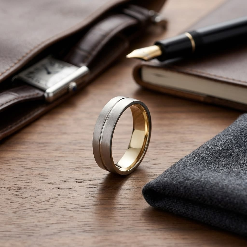 6mm Satin Finish High Polished Center Cut Carved Wedding Band in 14K Yellow Gold, on walnut surface with pocket square