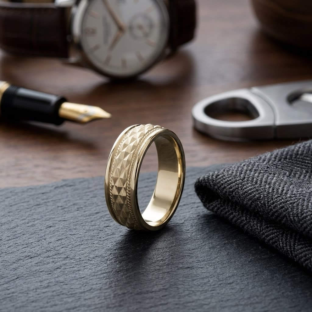 8mm High Polish Cross Hatch Center Carved Wedding Band in 14K Yellow Gold, on walnut surface with pocket square