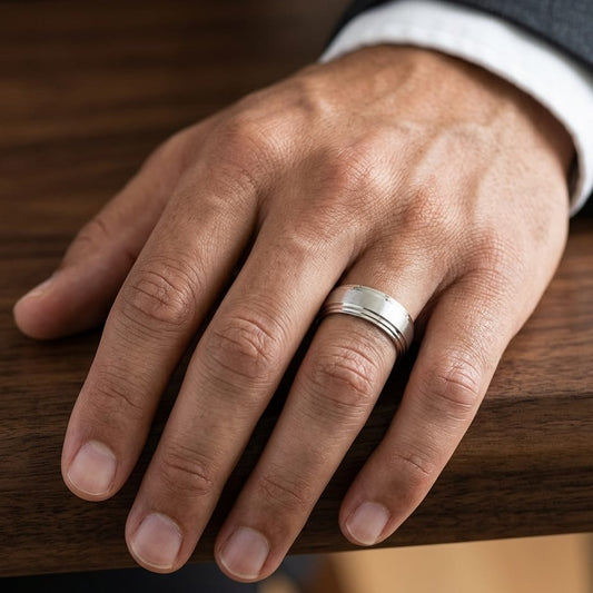 8mm Satin Finish Carved Wedding Band in 14K Yellow Gold, worn on hand, masculine close-up
