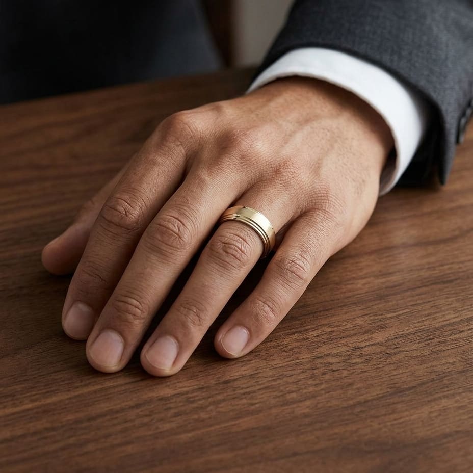 8mm Satin Finish Carved Wedding Band in 14K Yellow Gold, worn on hand, masculine full view
