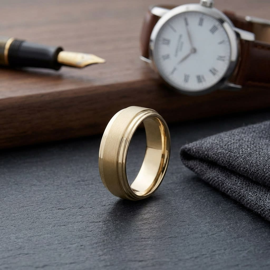 8mm Satin Finish Carved Wedding Band in 14K Yellow Gold, on walnut surface with pocket square