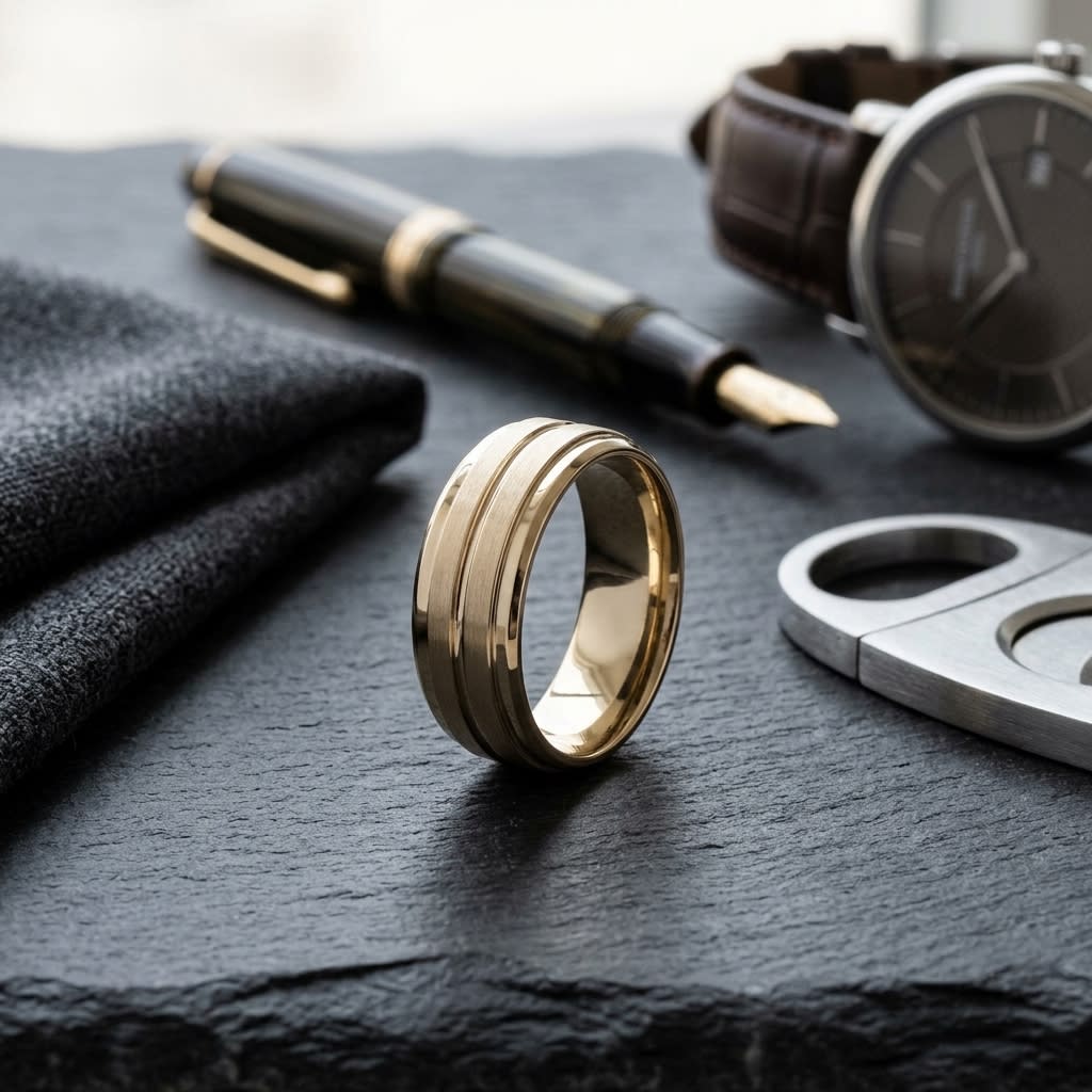 8mm Satin Finish High Polished Center Cut Carved Wedding Band in 14K Yellow Gold, on walnut surface with pocket square
