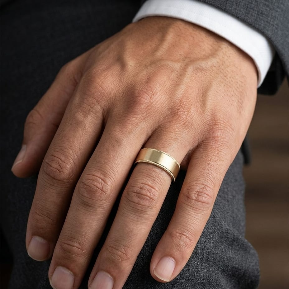 8mm Satin Finish Carved Wedding Band in 14K Yellow Gold, worn on hand, masculine close-up