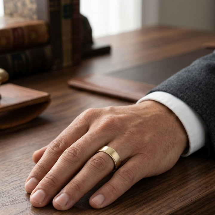 8mm Satin Finish Carved Wedding Band in 14K Yellow Gold, worn on hand, masculine full view