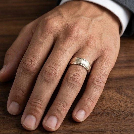 7mm Round Edge Swirl Finish Carved Wedding Band in 14K Yellow Gold, worn on hand, masculine close-up