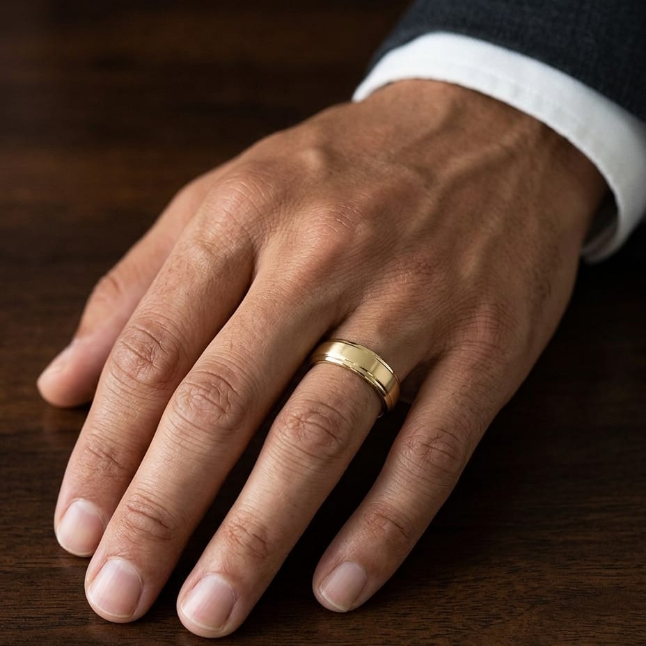 6.5mm Drop Edge High Polish Carved Wedding Band in 14K Yellow Gold, worn on hand, masculine close-up