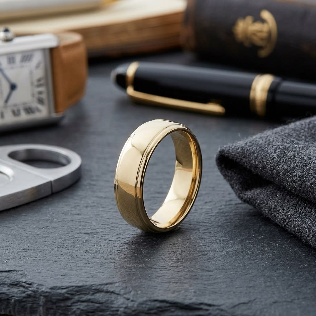6.5mm Drop Edge High Polish Carved Wedding Band in 14K Yellow Gold, on walnut surface with pocket square