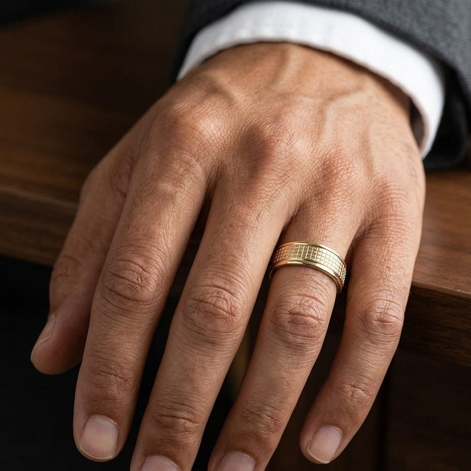 7mm High Polish Cross Hatch Center Carved Wedding Band in 14K Yellow Gold, worn on hand, masculine close-up