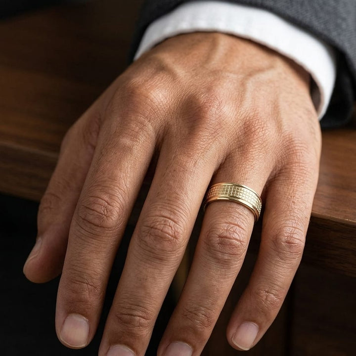 7mm High Polish Cross Hatch Center Carved Wedding Band in 14K Yellow Gold, worn on hand, masculine close-up