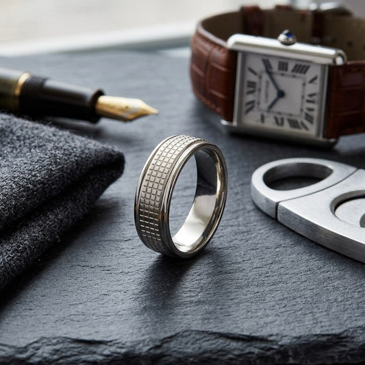 7mm High Polish Cross Hatch Center Carved Wedding Band in 14K Yellow Gold, on walnut surface with pocket square