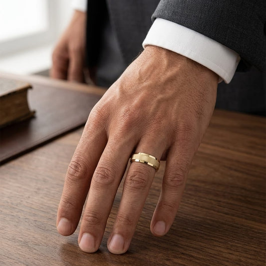 7mm High Polish Cross Hatch Center Carved Wedding Band in 14K Yellow Gold, worn on hand, masculine full view