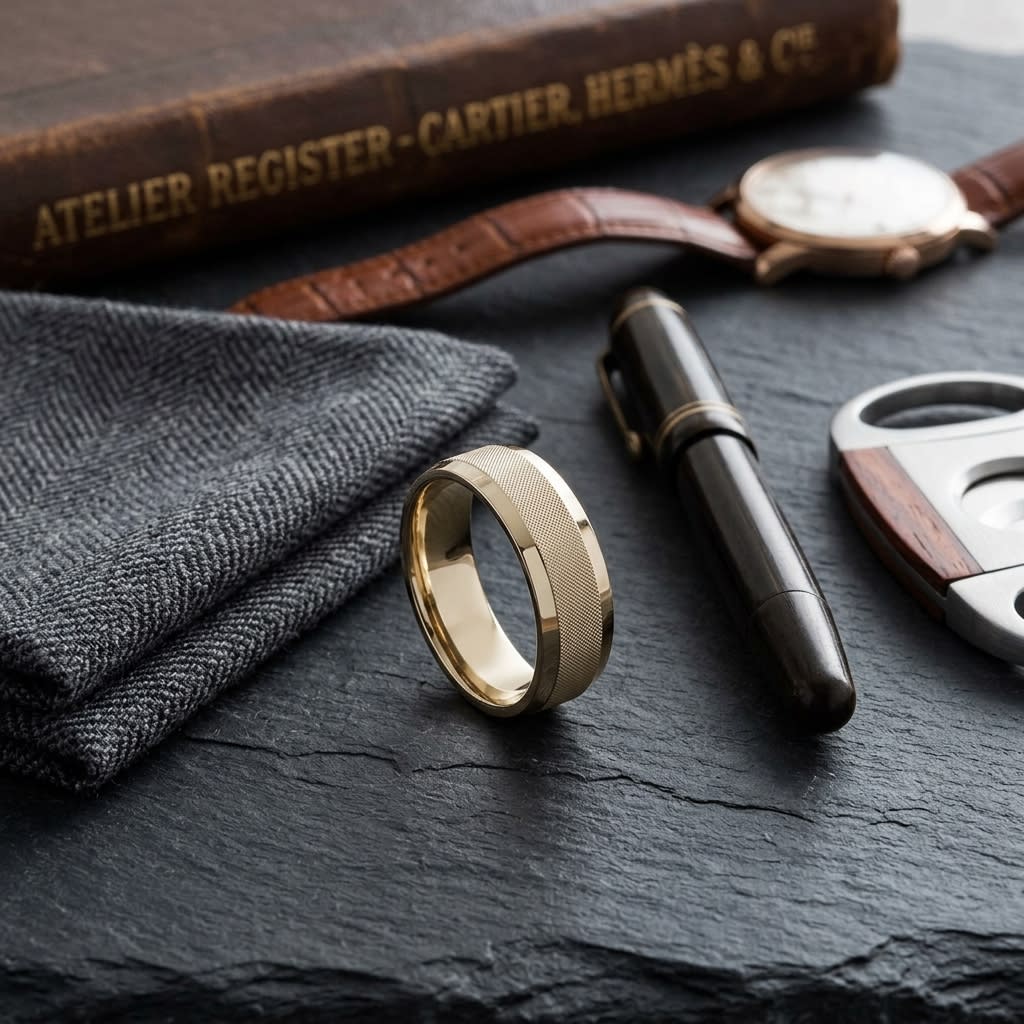 7mm High Polish Cross Hatch Center Carved Wedding Band in 14K Yellow Gold, on walnut surface with pocket square