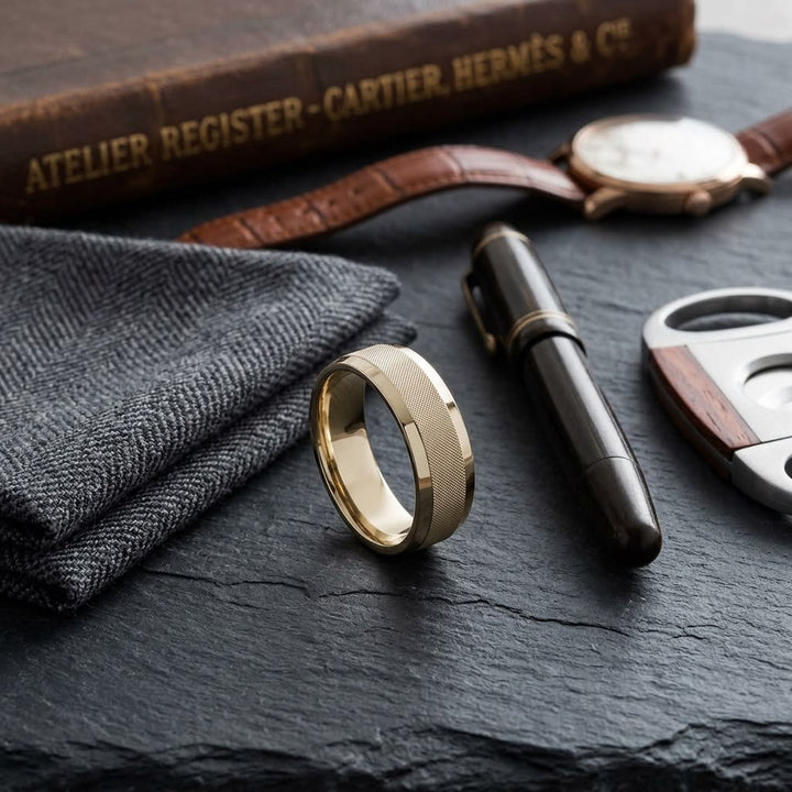 7mm High Polish Cross Hatch Center Carved Wedding Band in 14K Yellow Gold, on walnut surface with pocket square