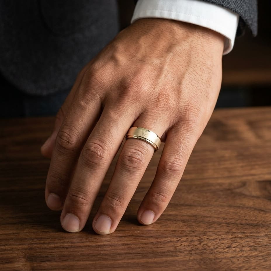 7mm Round Edge Swirl Finish Carved Wedding Band in 14K Yellow Gold, worn on hand, masculine full view