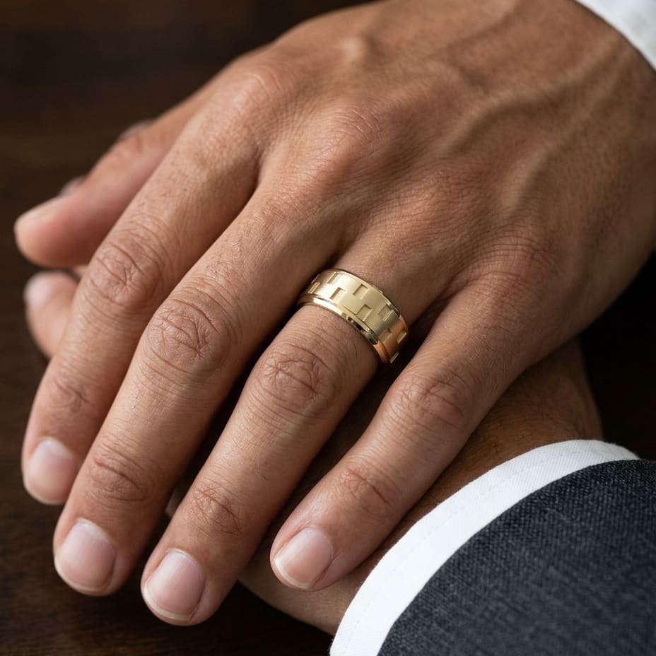 8mm Satin Finish Carved Wedding Band in 14K Yellow Gold, worn on hand, masculine close-up