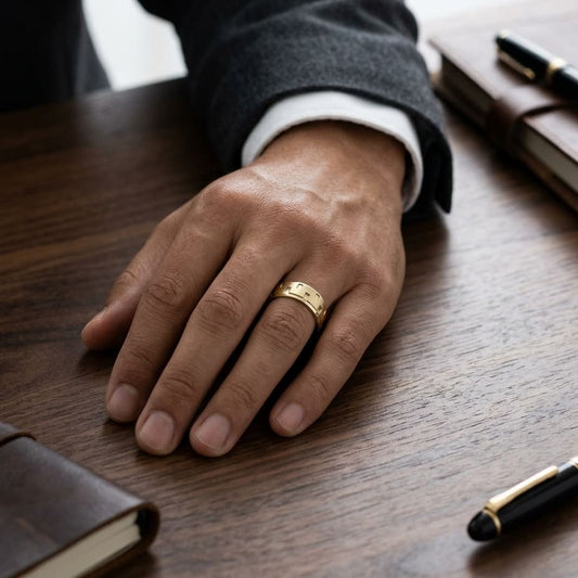 8mm Satin Finish Carved Wedding Band in 14K Yellow Gold, worn on hand, masculine full view