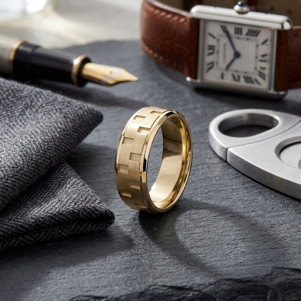 8mm Satin Finish Carved Wedding Band in 14K Yellow Gold, on walnut surface with pocket square