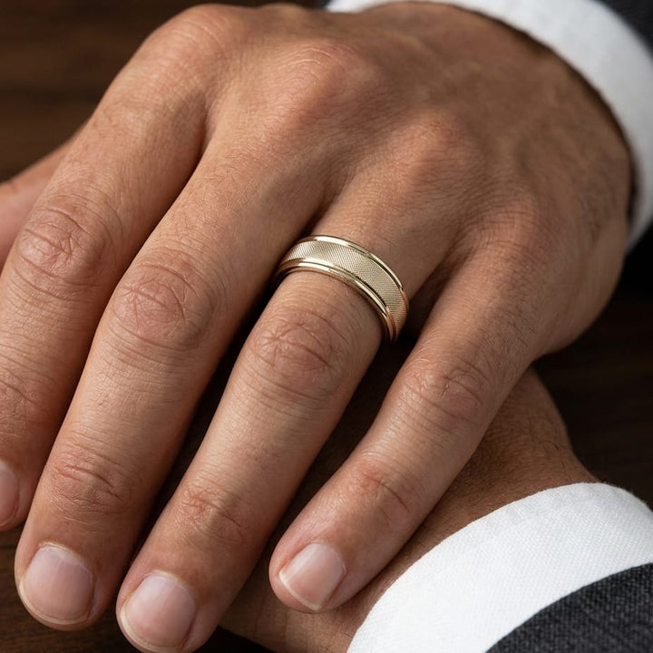 7mm Florentine Center High Polish Round Edge Carved Wedding Band in 14K Yellow Gold, worn on hand, masculine close-up