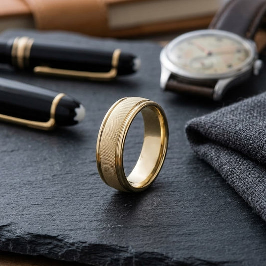 7mm Florentine Center High Polish Round Edge Carved Wedding Band in 14K Yellow Gold, on walnut surface with pocket square