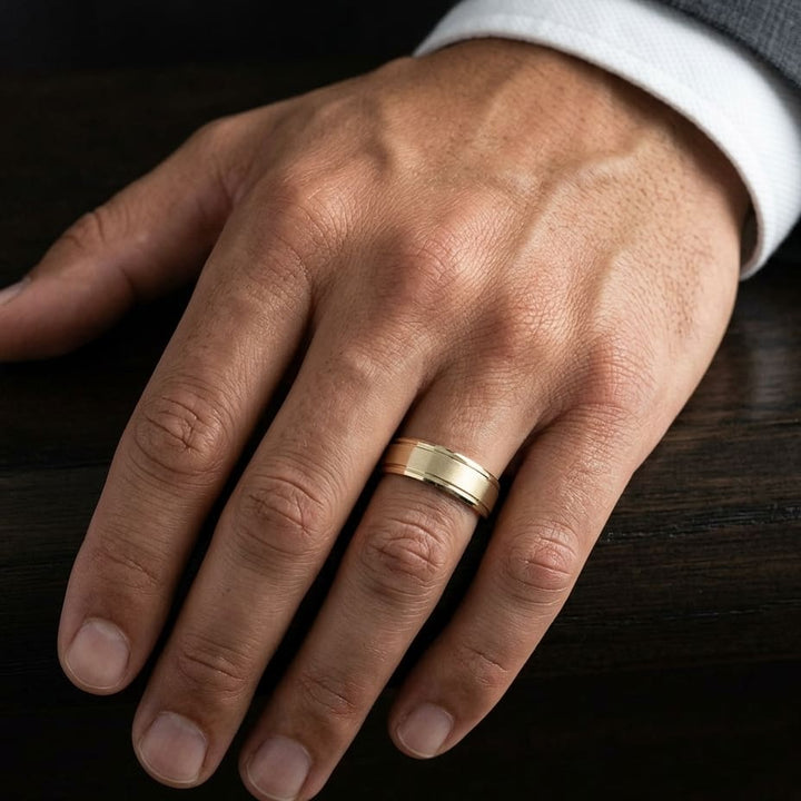 8mm Satin Finish Carved Wedding Band in 14K Yellow Gold, worn on hand, masculine close-up
