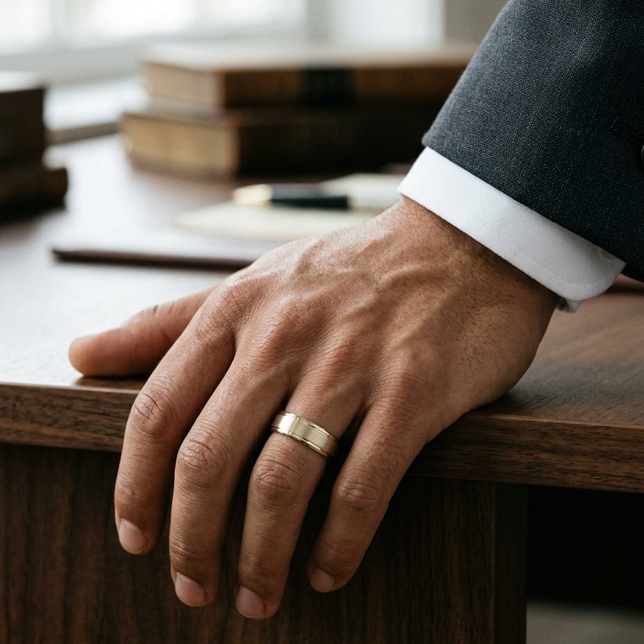 8mm Satin Finish Carved Wedding Band in 14K Yellow Gold, worn on hand, masculine full view